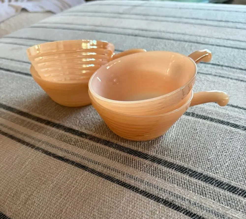 Set of 4 Vintage Fire-King Peach Luster Beehive Handled Soup Bowls